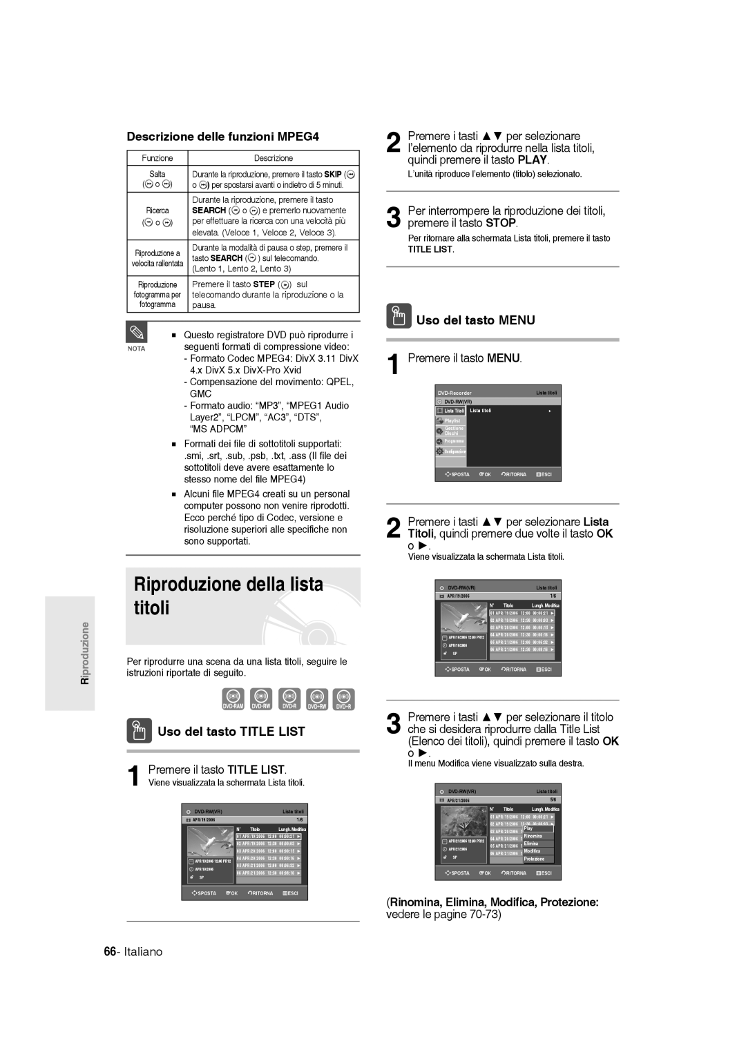 Samsung DVD-R145/XET manual Riproduzione della lista titoli, Uso del tasto Title List, Uso del tasto Menu 