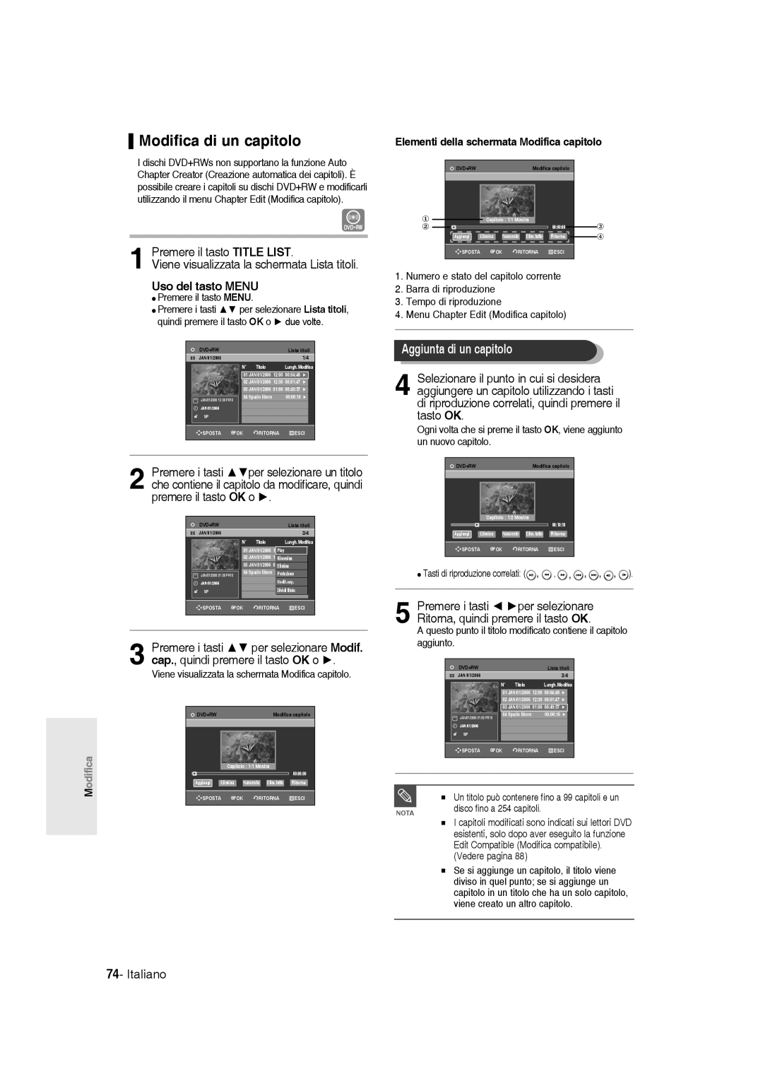 Samsung DVD-R145/XET manual Modifica di un capitolo, Aggiunta di un capitolo, Elementi della schermata Modifica capitolo 