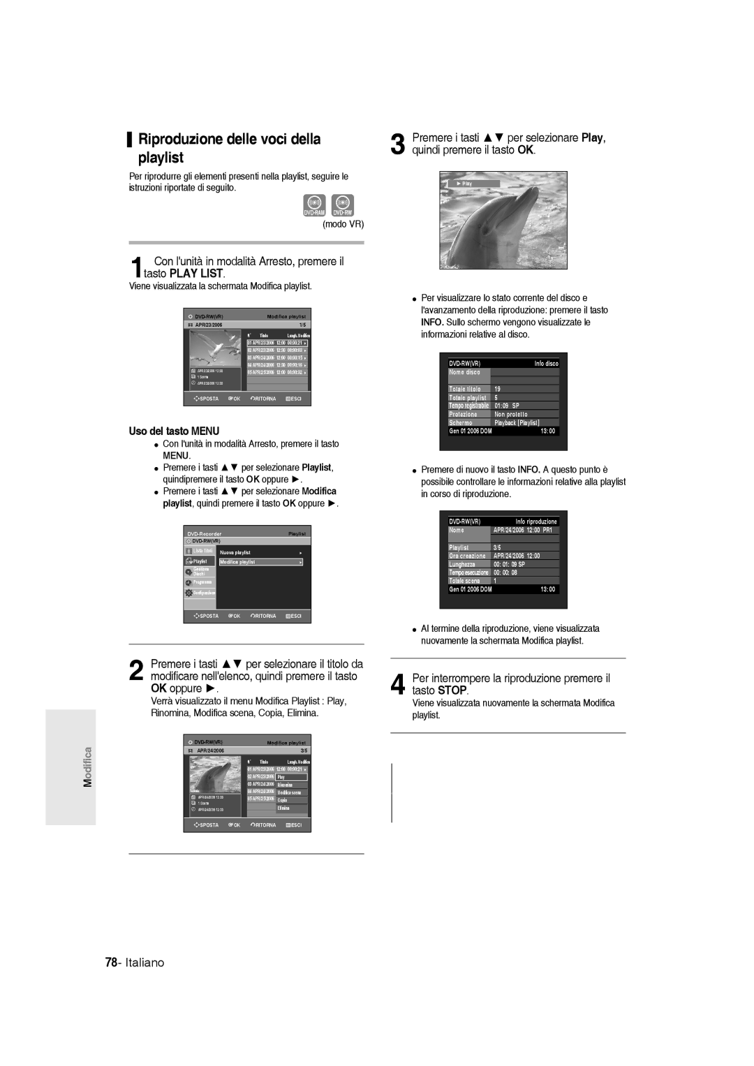 Samsung DVD-R145/XET manual Riproduzione delle voci della playlist, Con lunità in modalità Arresto, premere il tasto Menu 