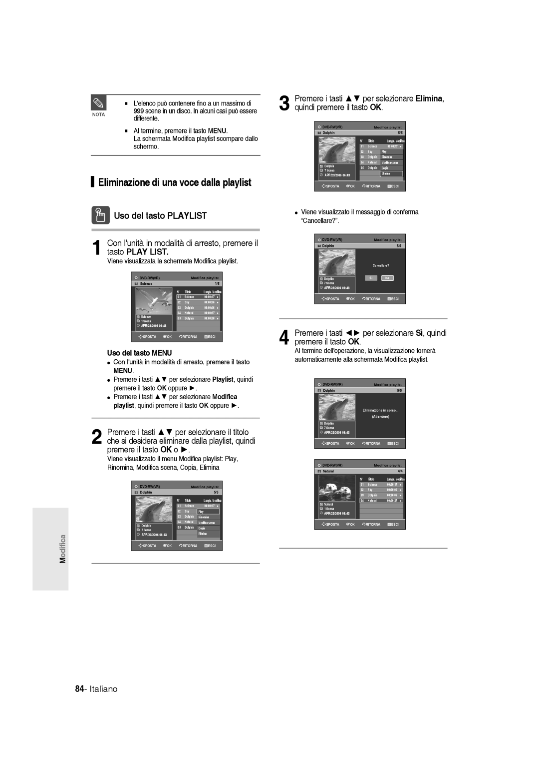 Samsung DVD-R145/XET manual Eliminazione di una voce dalla playlist, Uso del tasto Playlist 