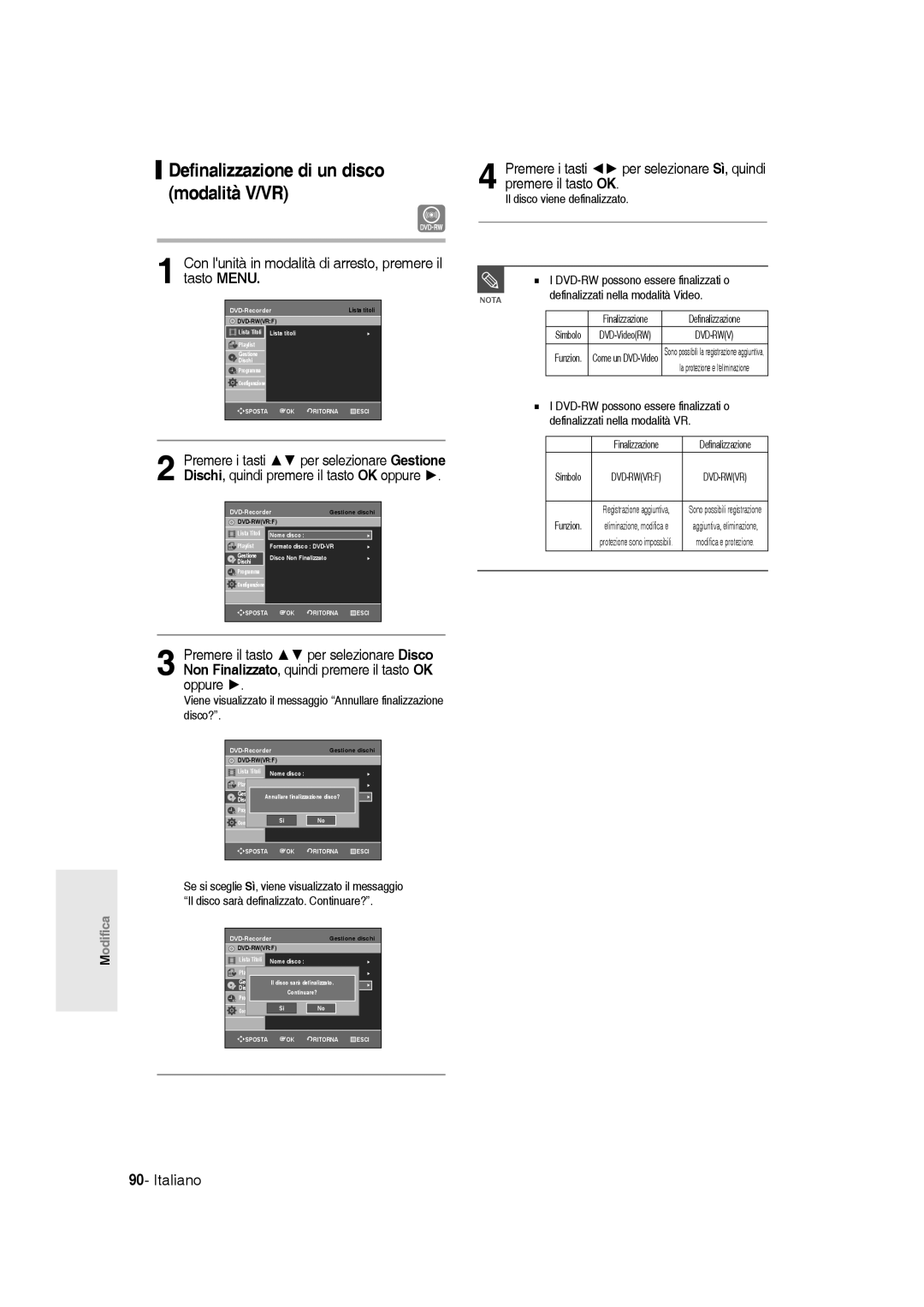 Samsung DVD-R145/XET manual Definalizzazione di un disco modalità V/VR, Definalizzati nella modalità VR 