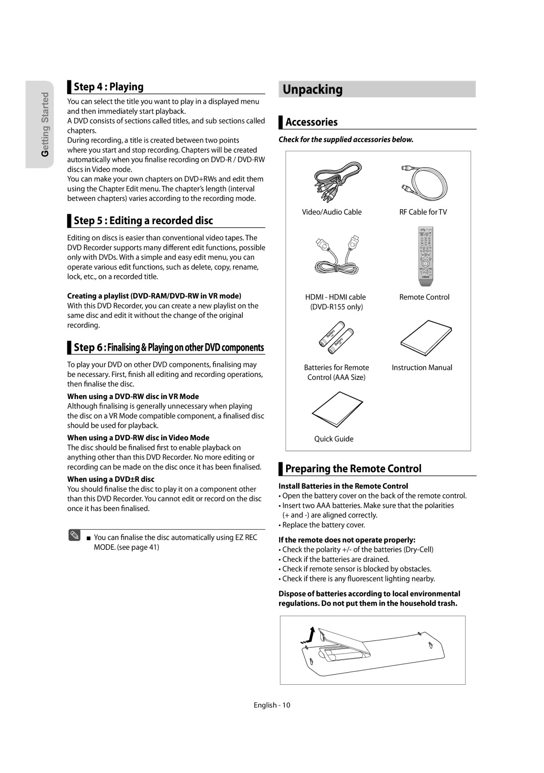 Samsung DVD-R150, DVD-R155 Unpacking, Playing, Editing a recorded disc, Accessories, Preparing the Remote Control 