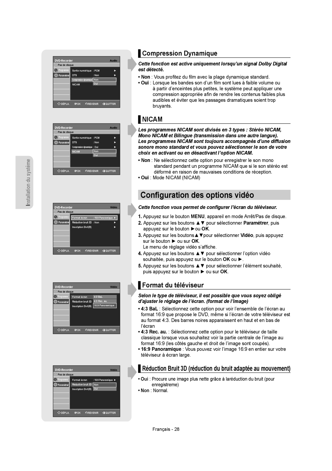 Samsung DVD-R150, DVD-R155 instruction manual Conﬁguration des options vidéo, Compression Dynamique, Format du téléviseur 