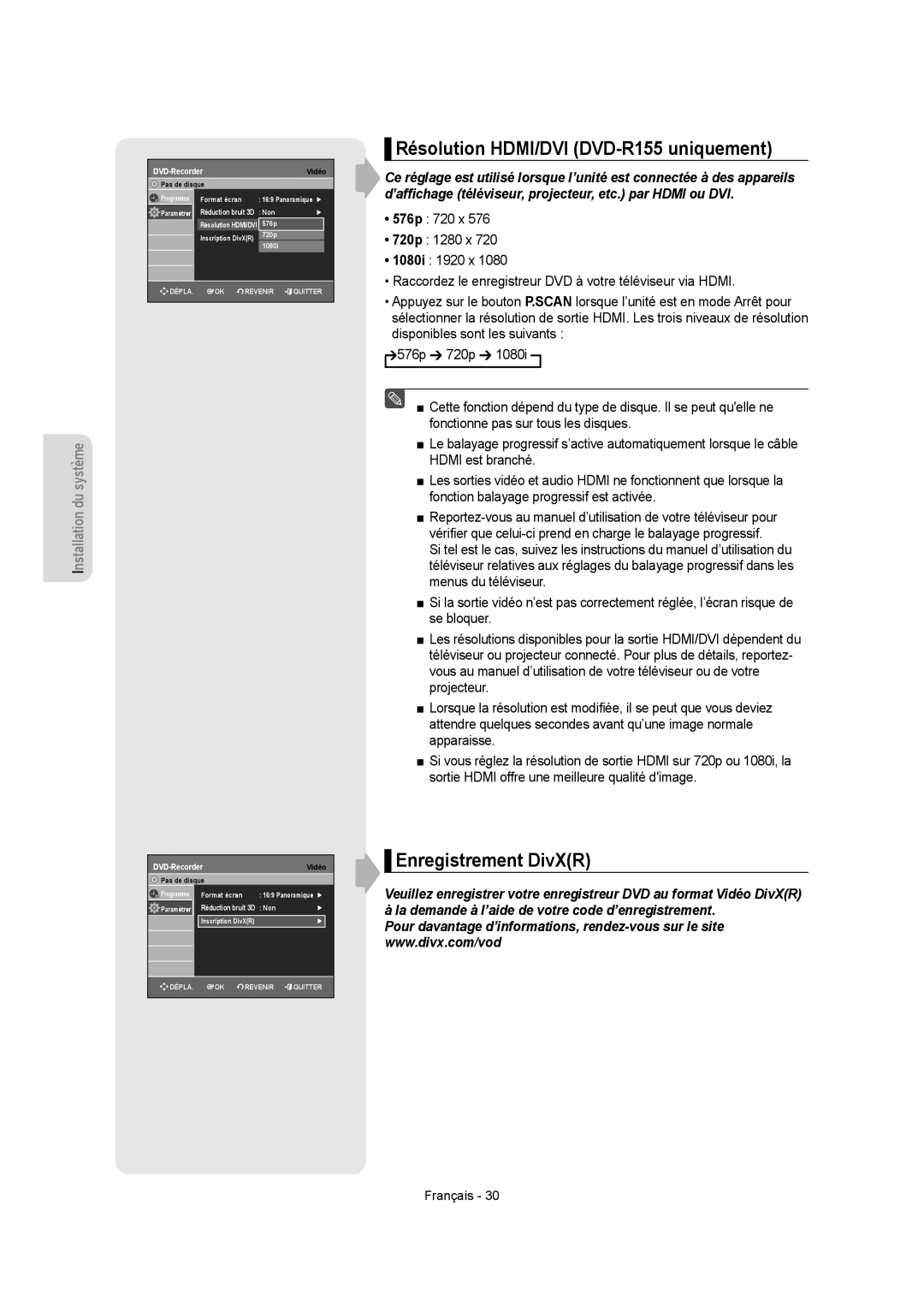 Samsung DVD-R150 instruction manual Résolution HDMI/DVI DVD-R155 uniquement, Enregistrement DivXR 