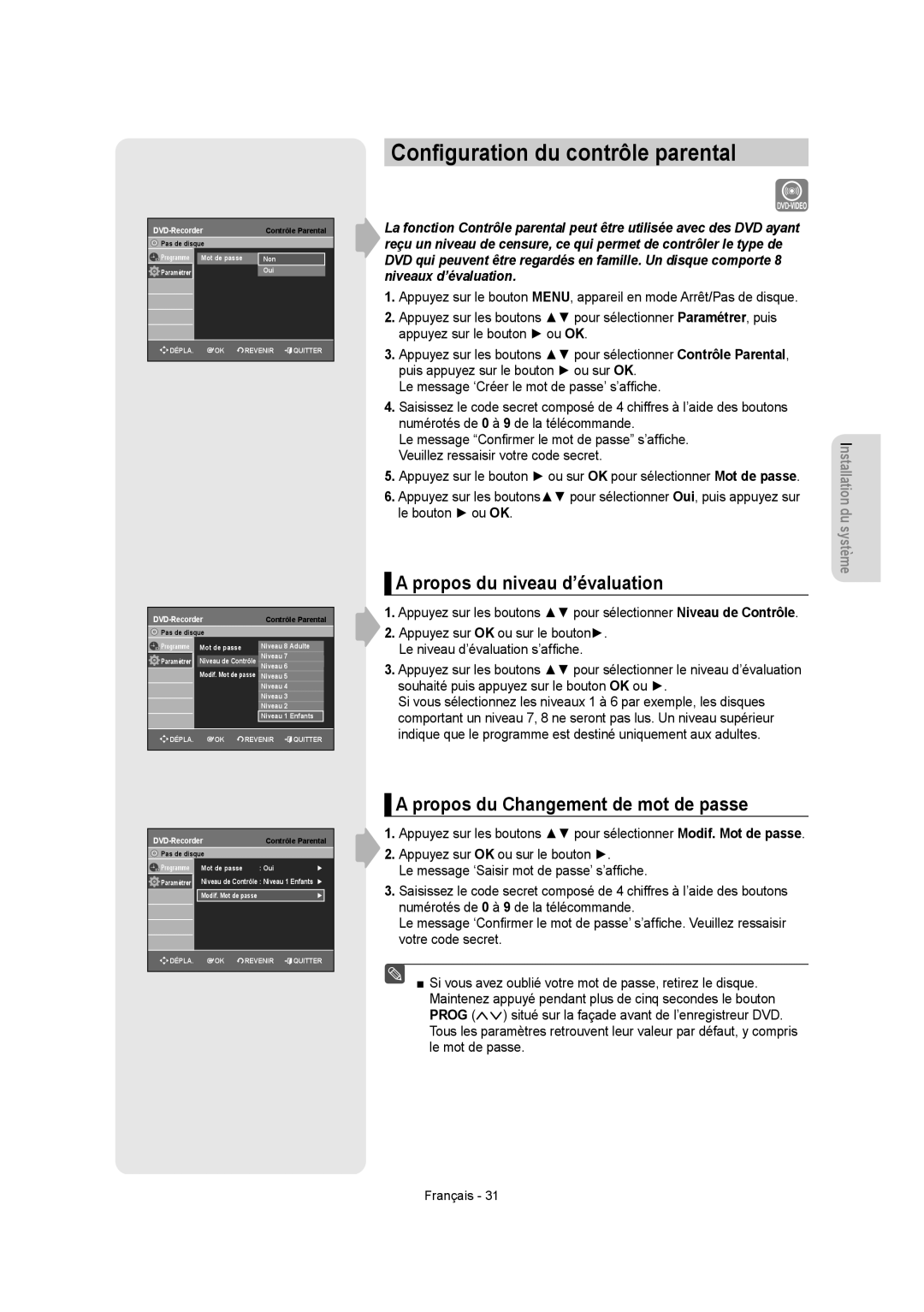 Samsung DVD-R155 Conﬁguration du contrôle parental, Propos du niveau d’évaluation, Propos du Changement de mot de passe 