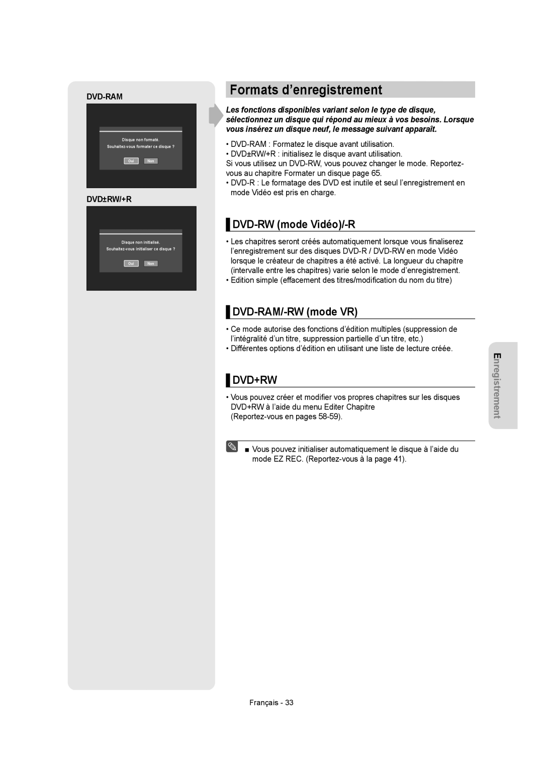 Samsung DVD-R155, DVD-R150 instruction manual Formats d’enregistrement, DVD-RW mode Vidéo/-R, DVD-RAM/-RW mode VR 