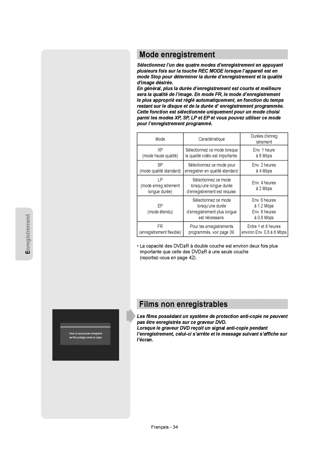 Samsung DVD-R150, DVD-R155 Mode enregistrement, Films non enregistrables, Mode Caractéristique Durées d’enreg 