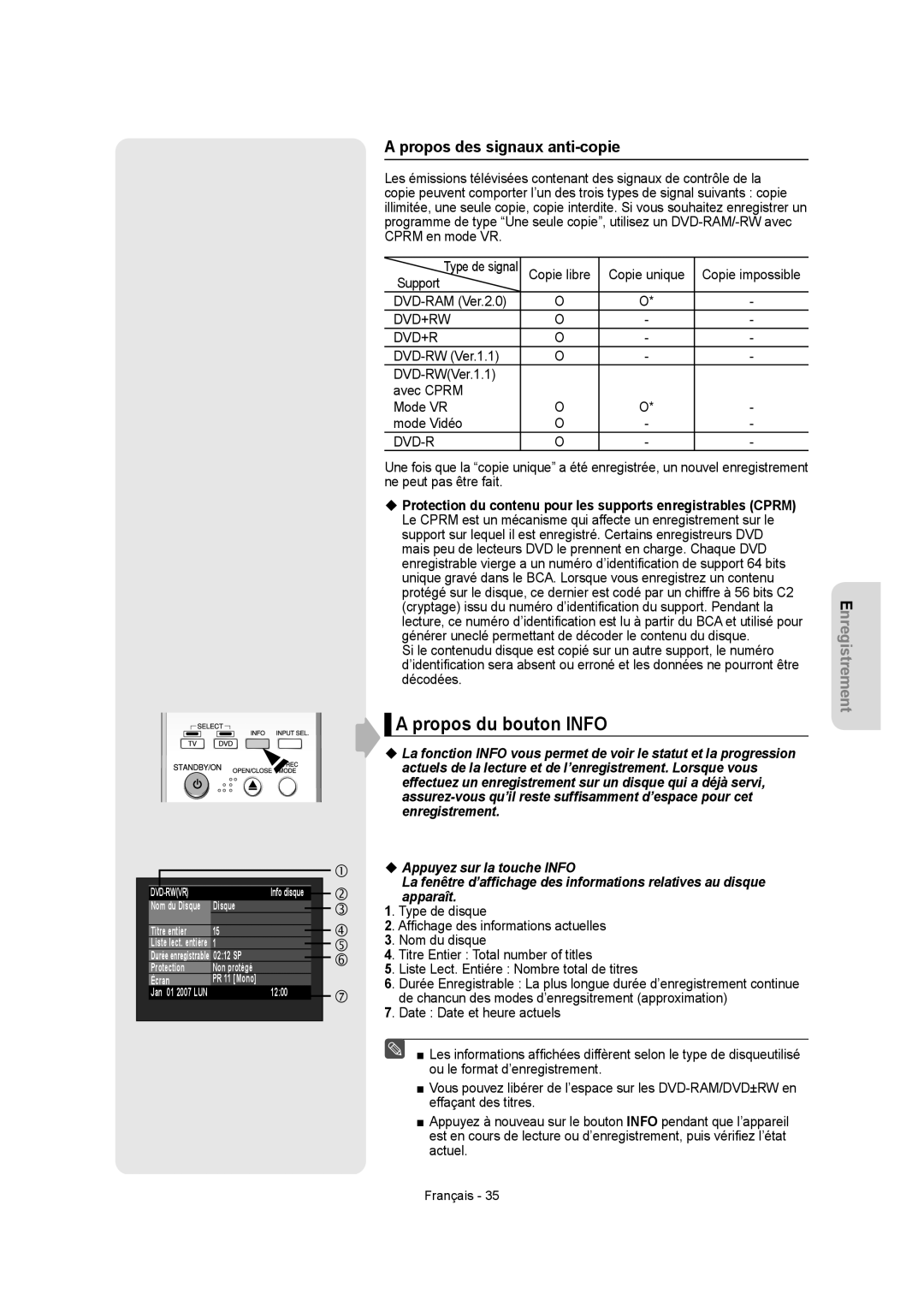 Samsung DVD-R155, DVD-R150 instruction manual Propos du bouton Info, Propos des signaux anti-copie 