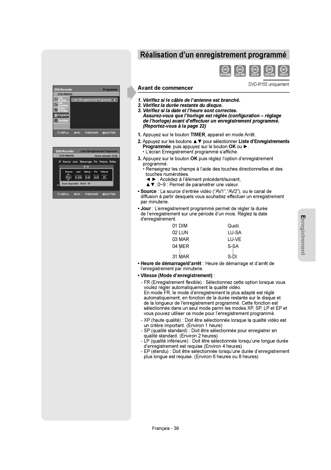 Samsung DVD-R155, DVD-R150 instruction manual Lu-Sa, Lu-Ve, Vitesse Mode d’enregistrement 