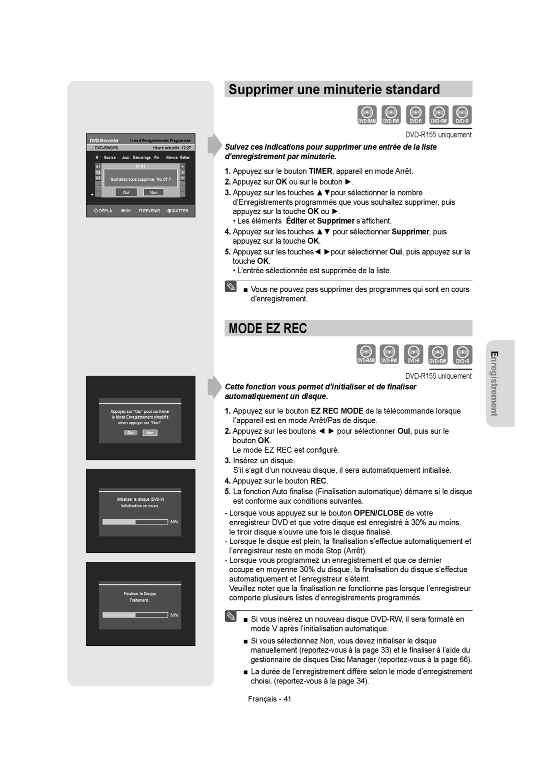 Samsung DVD-R155, DVD-R150 instruction manual Supprimer une minuterie standard, Mode EZ REC 