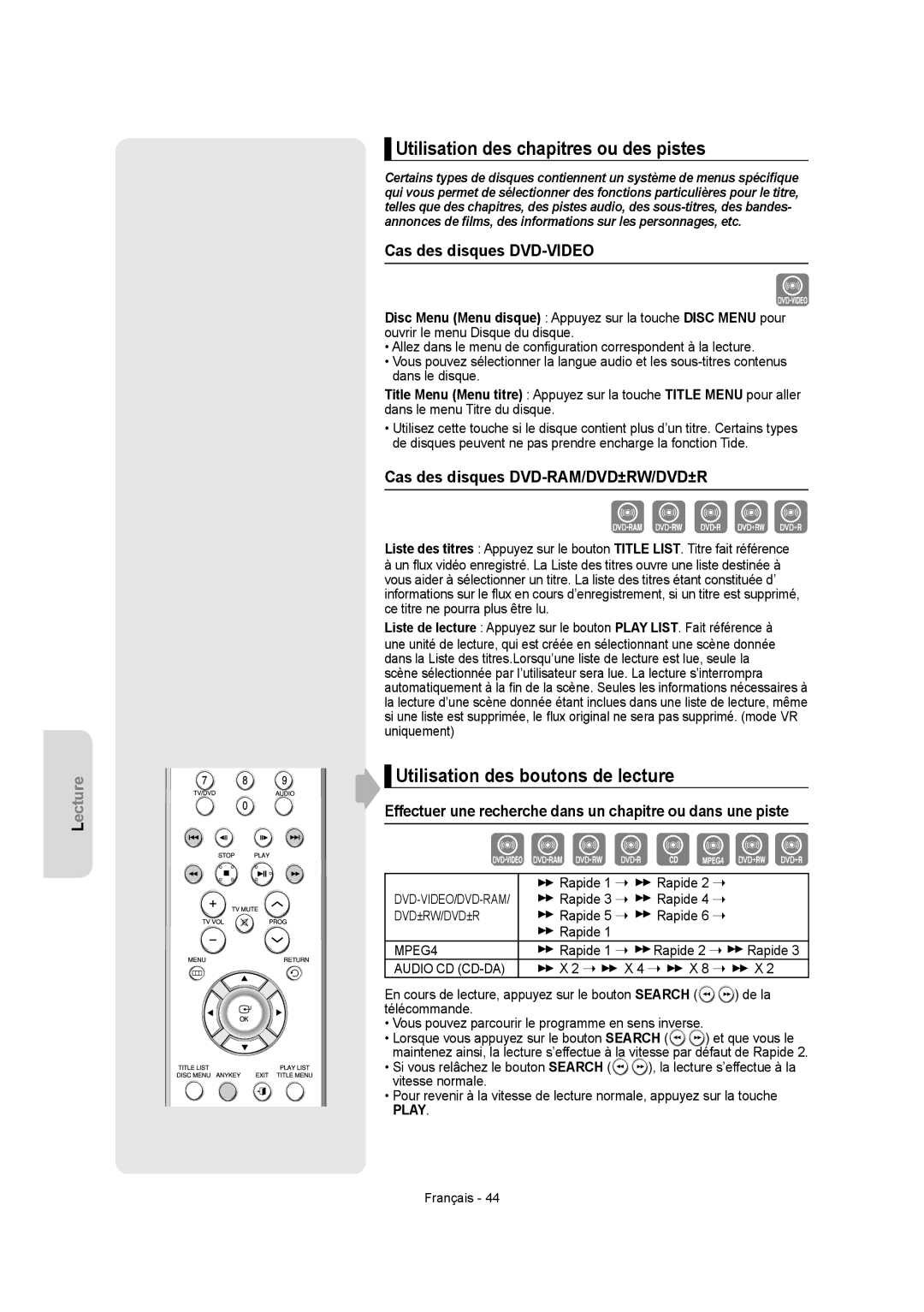 Samsung DVD-R150 Utilisation des chapitres ou des pistes, Utilisation des boutons de lecture, Cas des disques DVD-VIDEO 