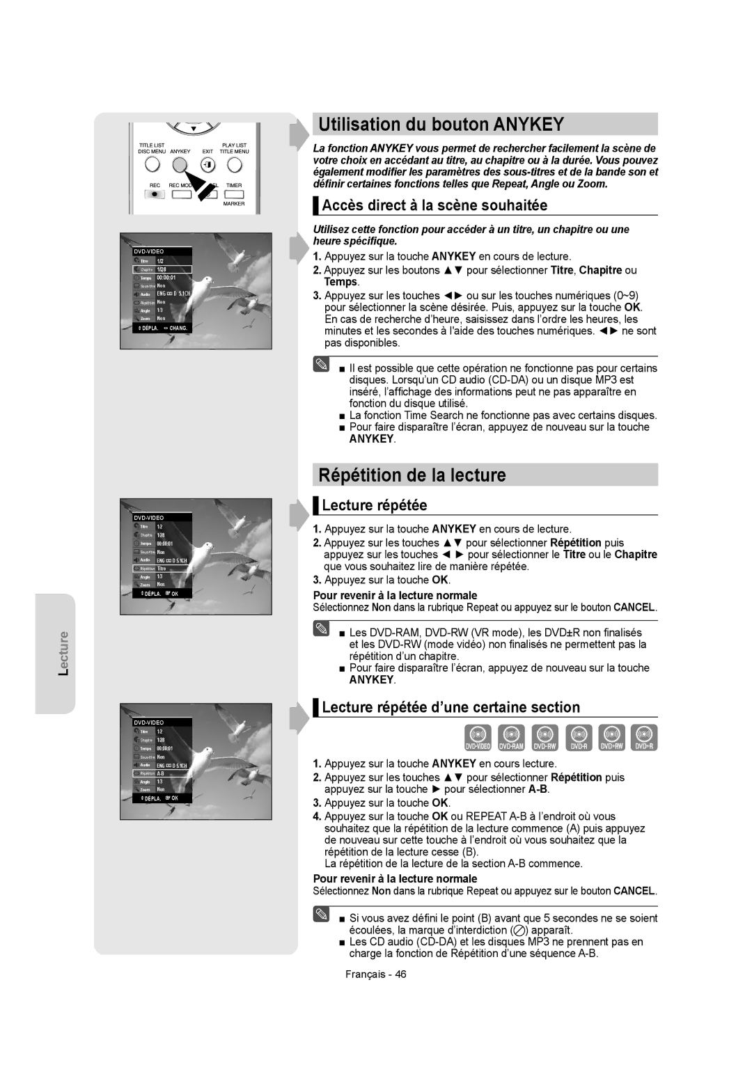 Samsung DVD-R150, DVD-R155 Utilisation du bouton Anykey, Répétition de la lecture, Accès direct à la scène souhaitée 