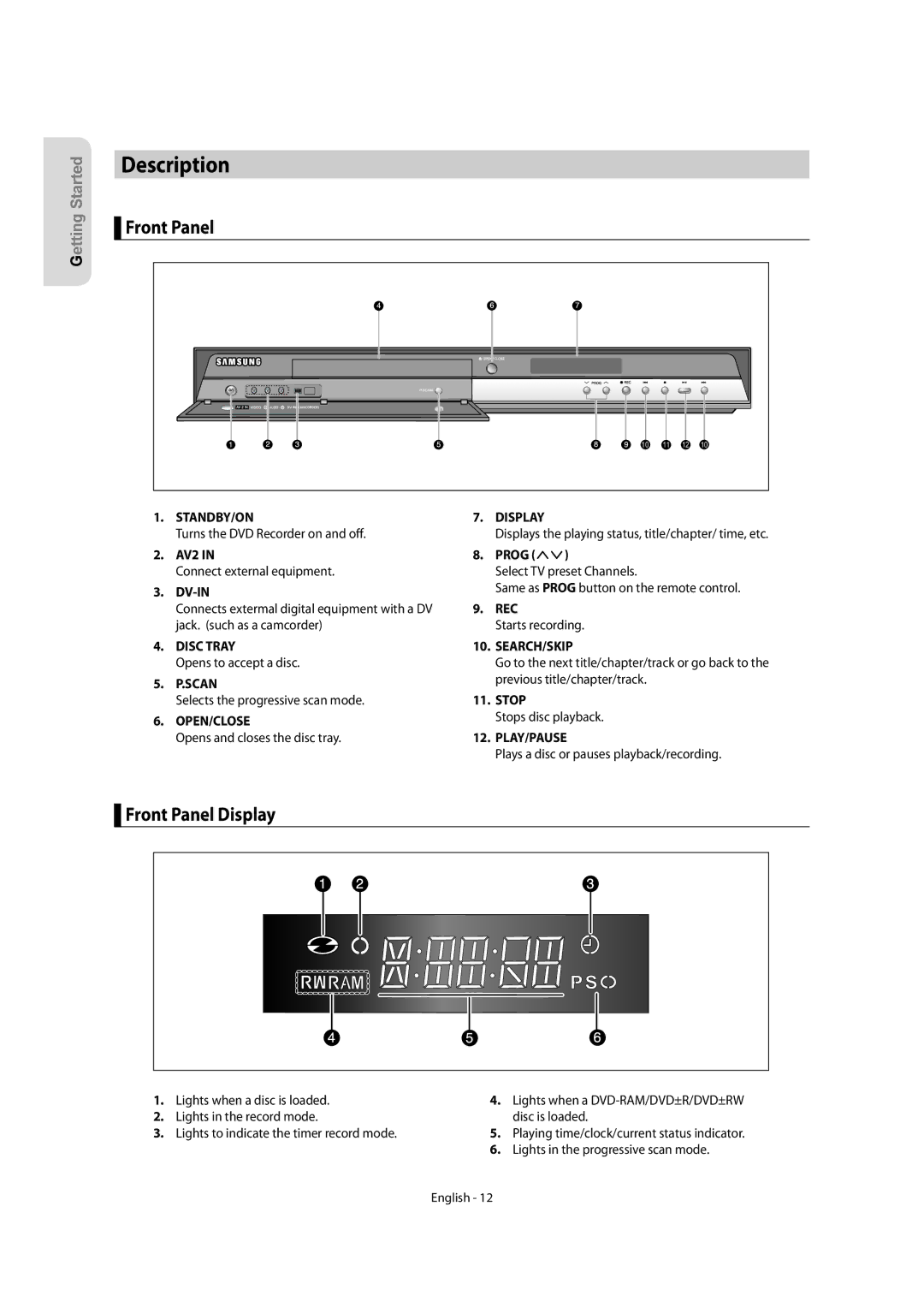 Samsung DVD-R150, DVD-R155 instruction manual Description, Front Panel Display 