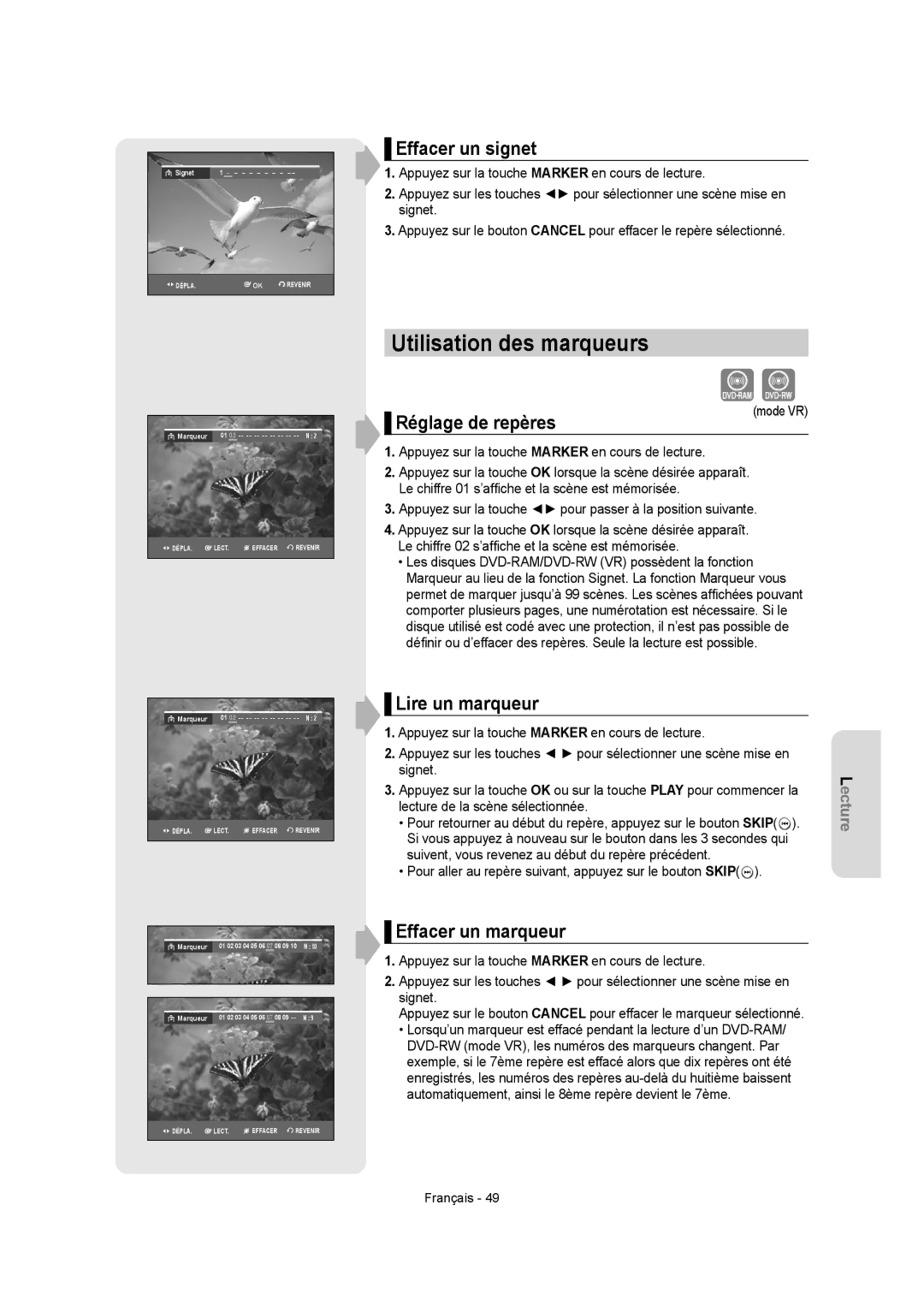 Samsung DVD-R155 Utilisation des marqueurs, Effacer un signet, Réglage de repères, Lire un marqueur, Effacer un marqueur 