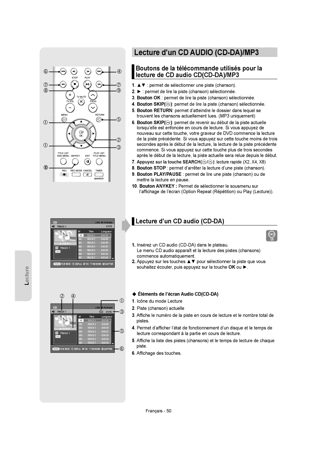 Samsung DVD-R150, DVD-R155 Lecture dun CD Audio CD-DA/MP3, Lecture d’un CD audio CD-DA, Piste, Afﬁchage des touches 