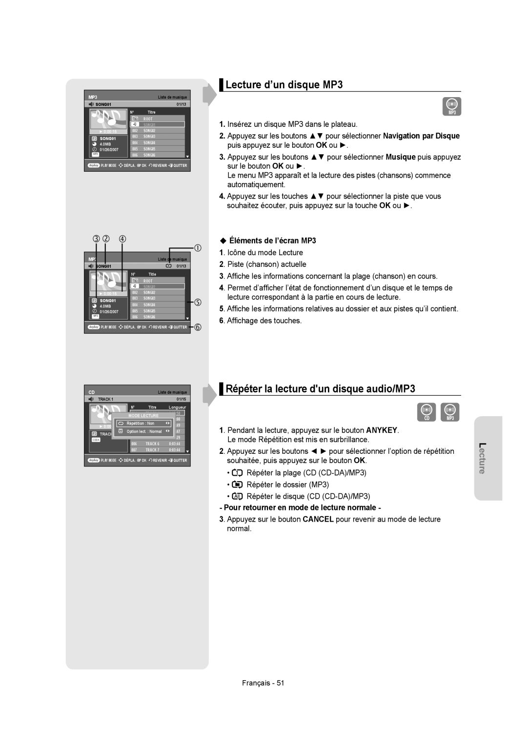 Samsung DVD-R155, DVD-R150 instruction manual Lecture d’un disque MP3, Pour retourner en mode de lecture normale 