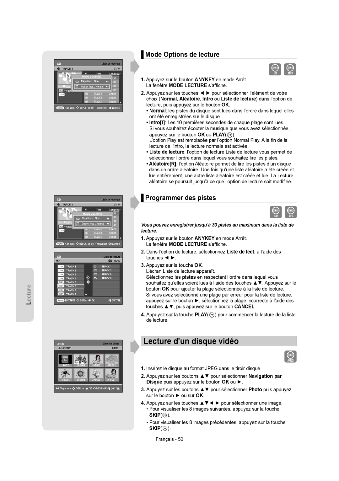 Samsung DVD-R150, DVD-R155 instruction manual Lecture dun disque vidéo, Mode Options de lecture, Programmer des pistes 