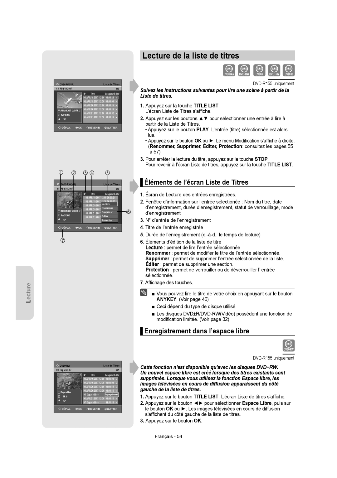 Samsung DVD-R150 Lecture de la liste de titres, Éléments de l’écran Liste de Titres, Enregistrement dans l’espace libre 