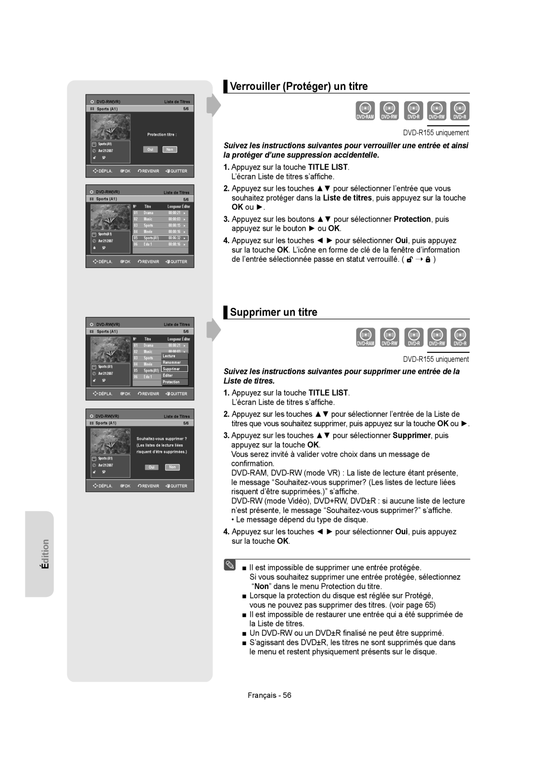 Samsung DVD-R150, DVD-R155 instruction manual Verrouiller Protéger un titre, Supprimer un titre 