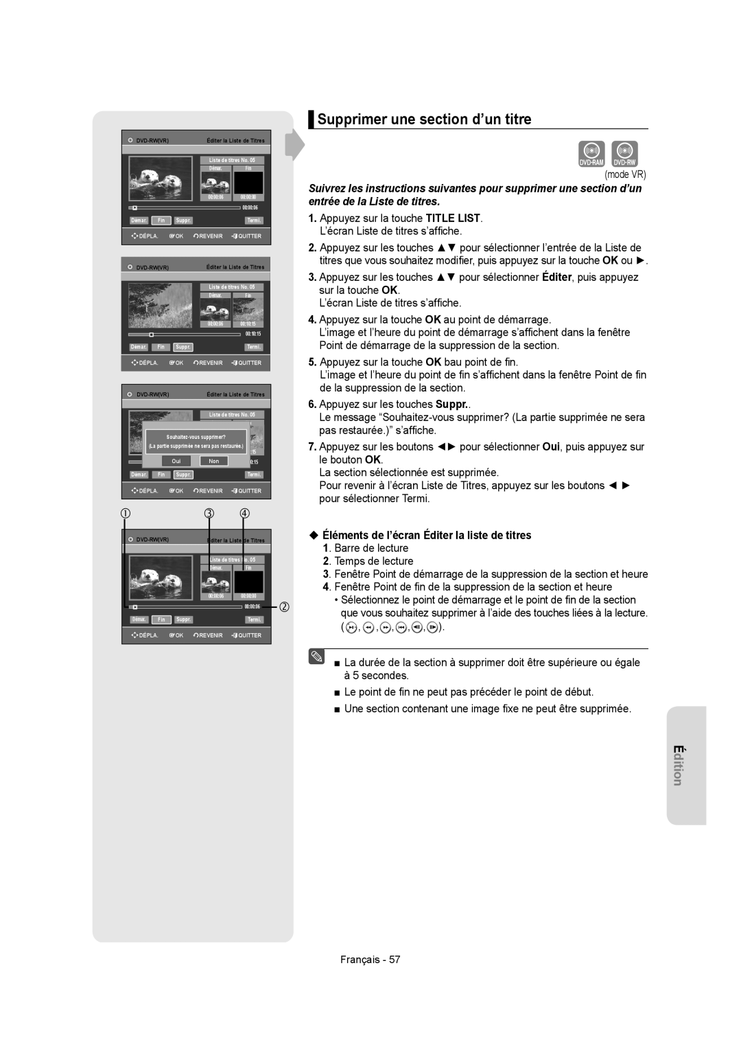 Samsung DVD-R155, DVD-R150 instruction manual Supprimer une section d’un titre, DÉPLA. OK Revenir Quitter DVD-RWVR 