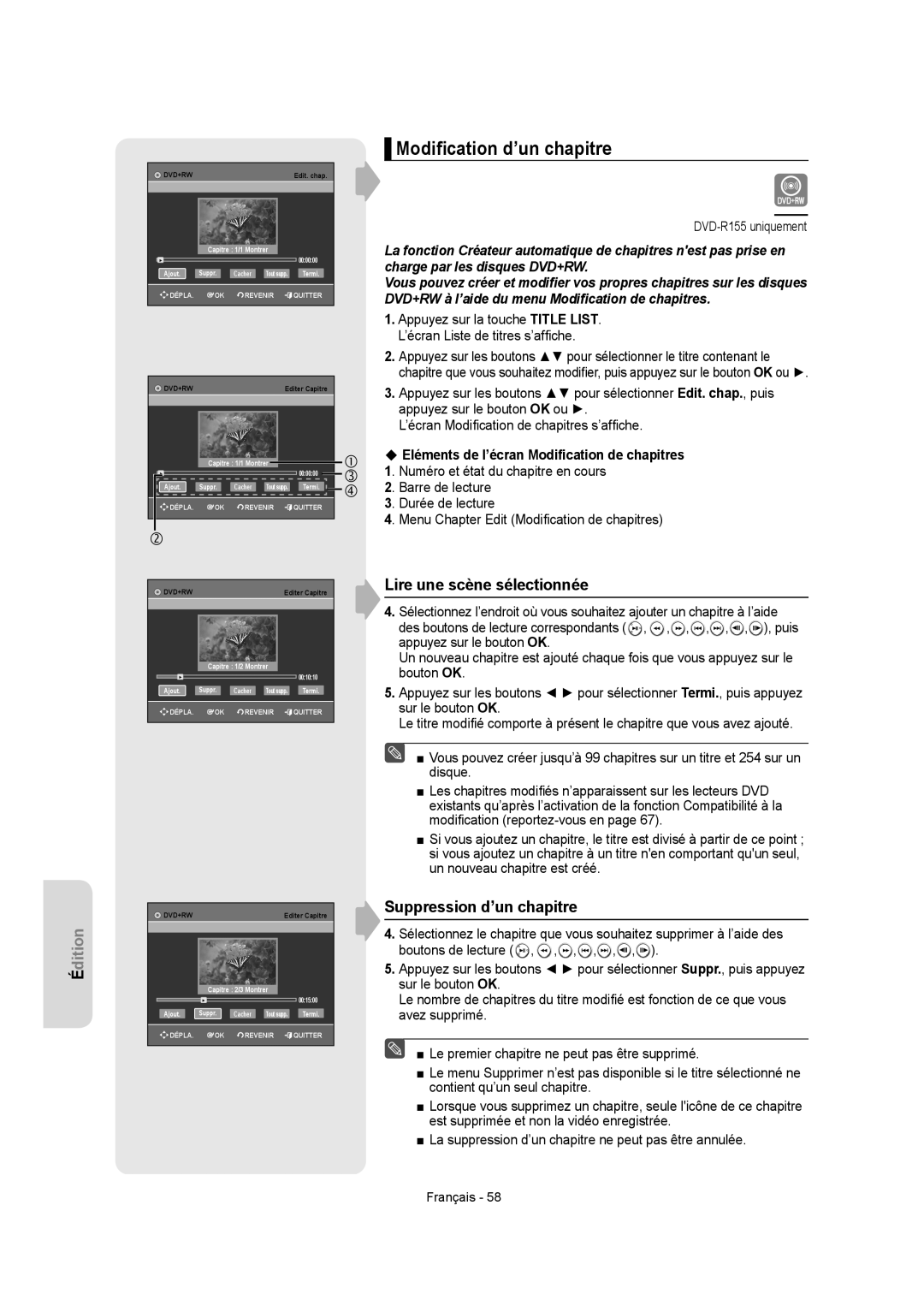 Samsung DVD-R150, DVD-R155 Modiﬁcation d’un chapitre, Lire une scène sélectionnée, Suppression d’un chapitre 