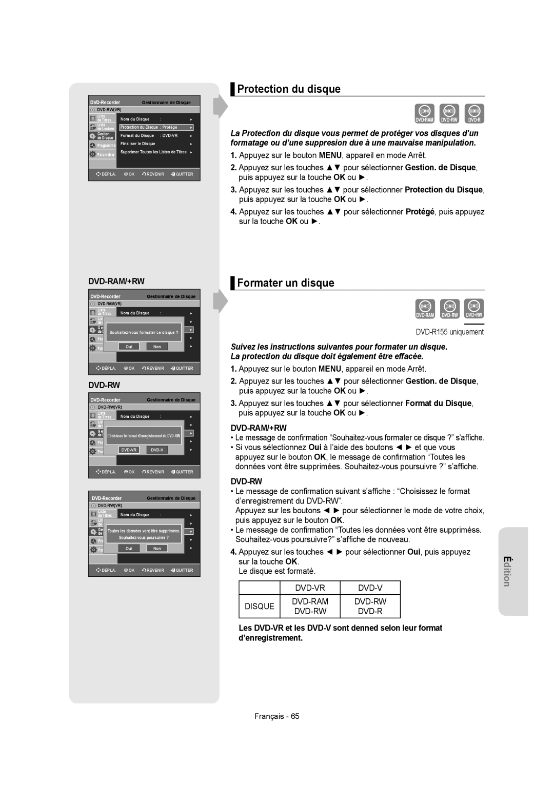 Samsung DVD-R155, DVD-R150 Protection du disque, Formater un disque, Le disque est formaté, DVD-VR Disque DVD-RAM DVD-RW 