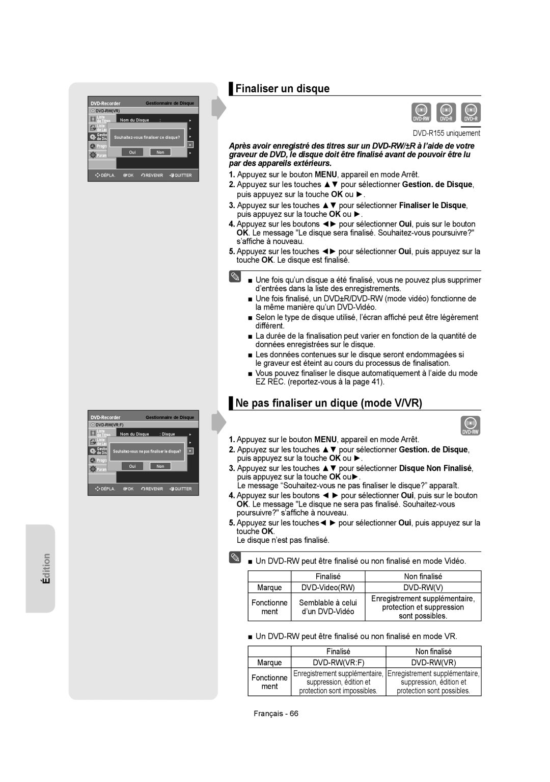 Samsung DVD-R150, DVD-R155 instruction manual Finaliser un disque, Ne pas ﬁnaliser un dique mode V/VR, Ment 