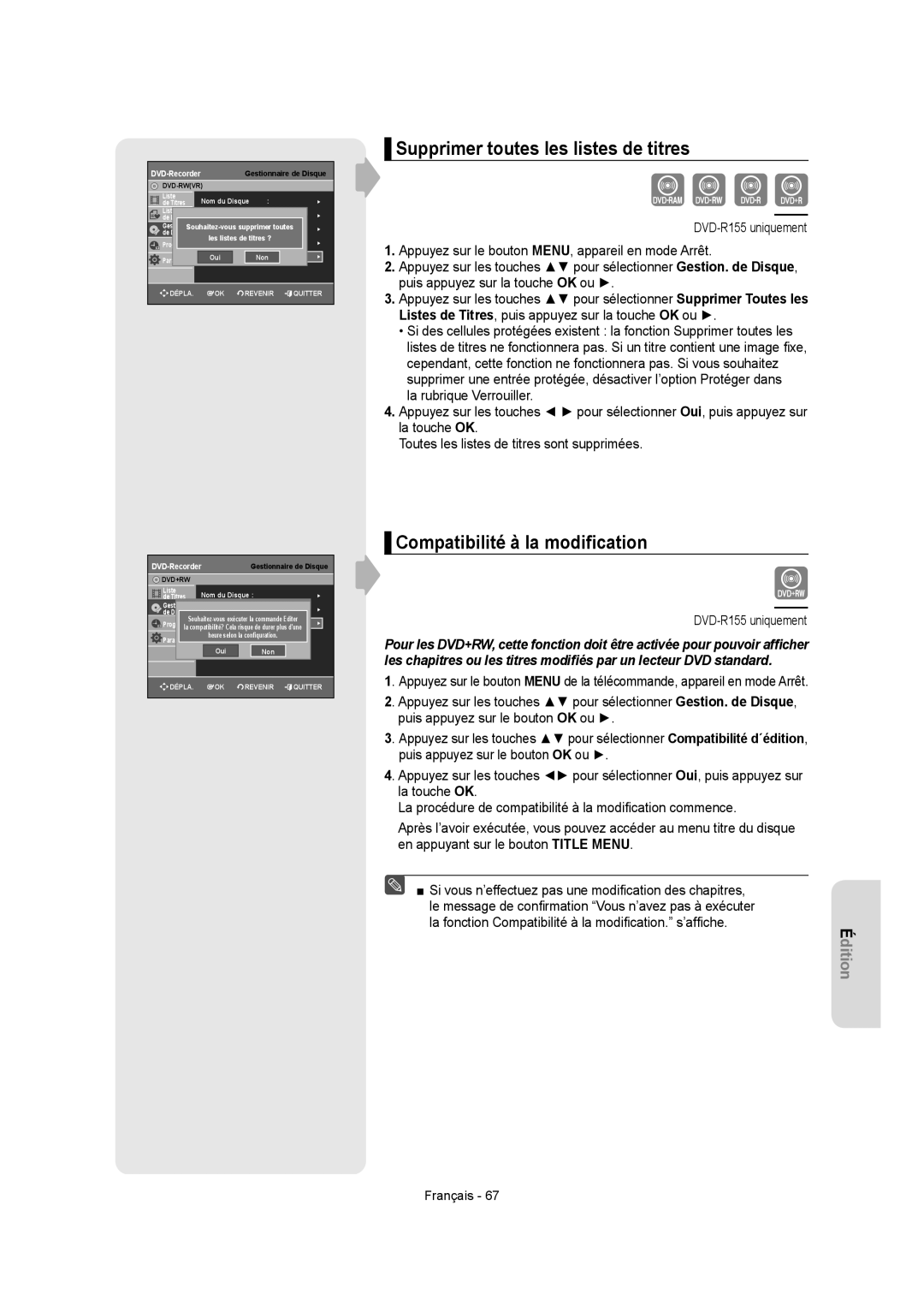 Samsung DVD-R155, DVD-R150 instruction manual Supprimer toutes les listes de titres, Compatibilité à la modiﬁcation 