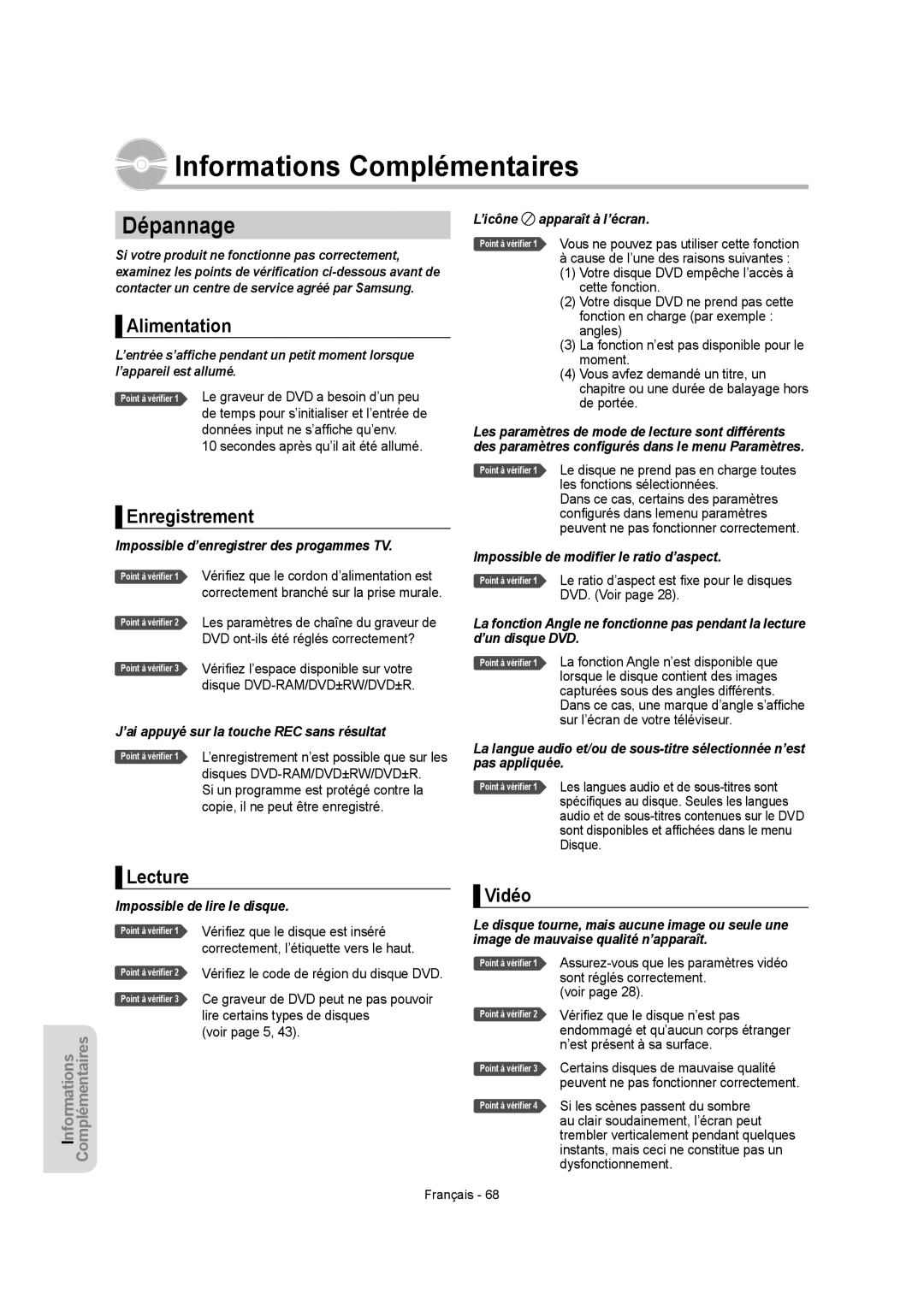 Samsung DVD-R150, DVD-R155 instruction manual Informations Complémentaires, Dépannage 