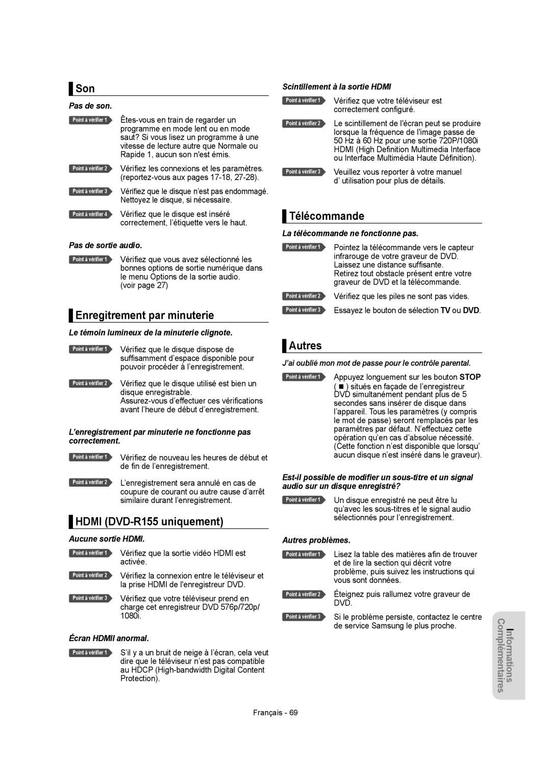 Samsung DVD-R150 instruction manual Son, Enregitrement par minuterie, Hdmi DVD-R155 uniquement, Télécommande, Autres 