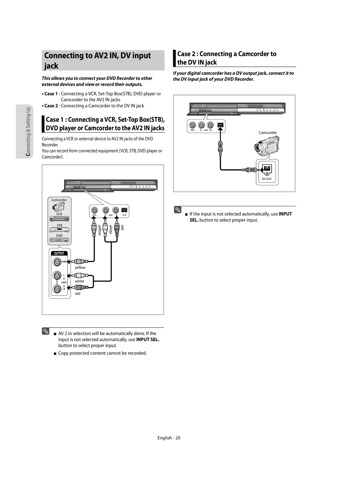 Samsung DVD-R150, DVD-R155 Connecting to AV2 IN, DV input jack, Case 2 Connecting a Camcorder to the DV in jack 