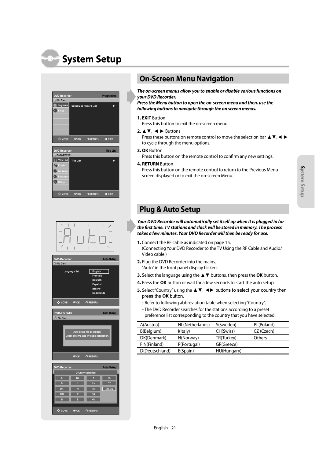 Samsung DVD-R155, DVD-R150 instruction manual System Setup, On-Screen Menu Navigation, Plug & Auto Setup 