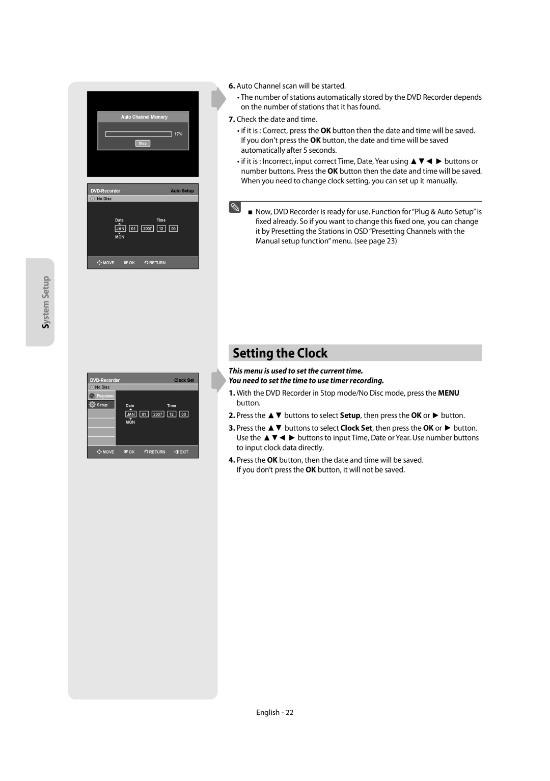 Samsung DVD-R150, DVD-R155 instruction manual Setting the Clock, System Setup 