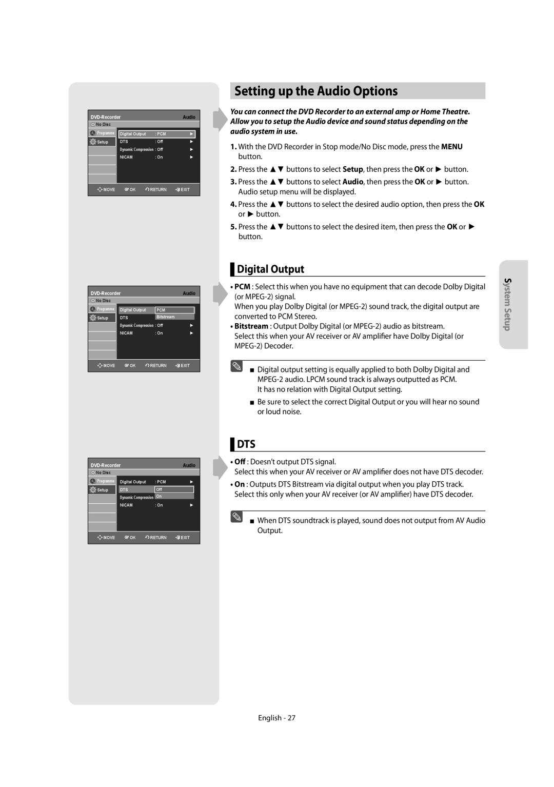 Samsung DVD-R155, DVD-R150 instruction manual Setting up the Audio Options, Digital Output 