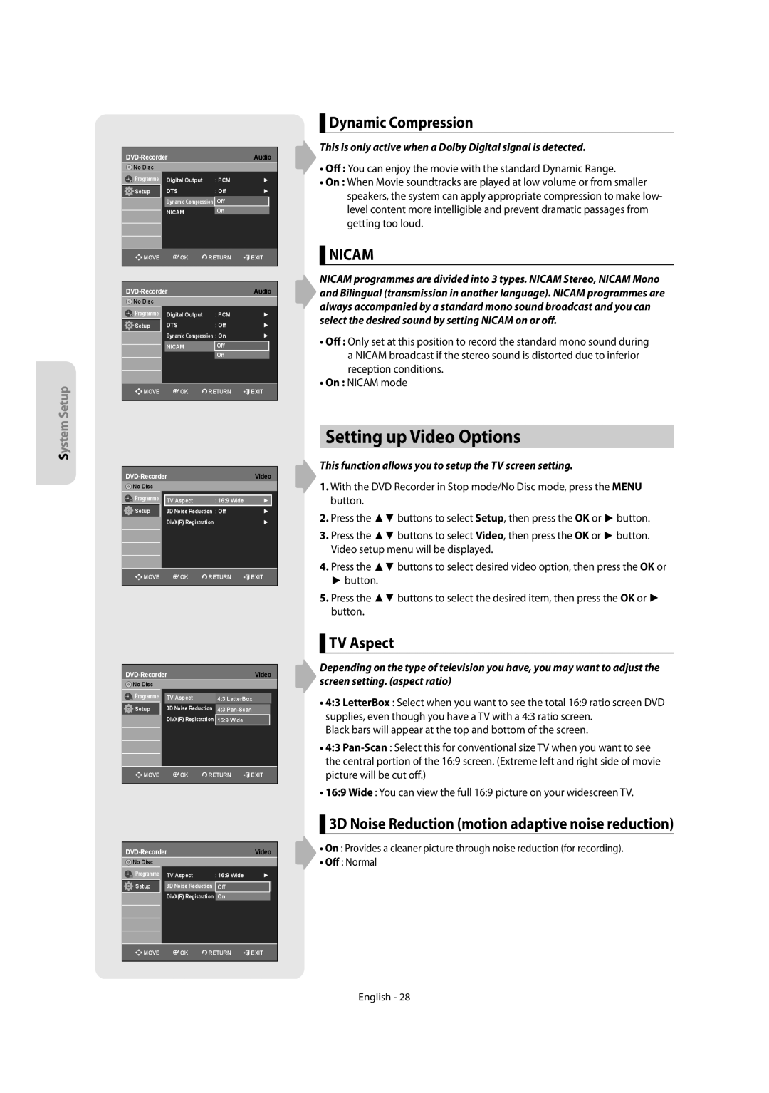 Samsung DVD-R150, DVD-R155 instruction manual Setting up Video Options, Dynamic Compression, TV Aspect 