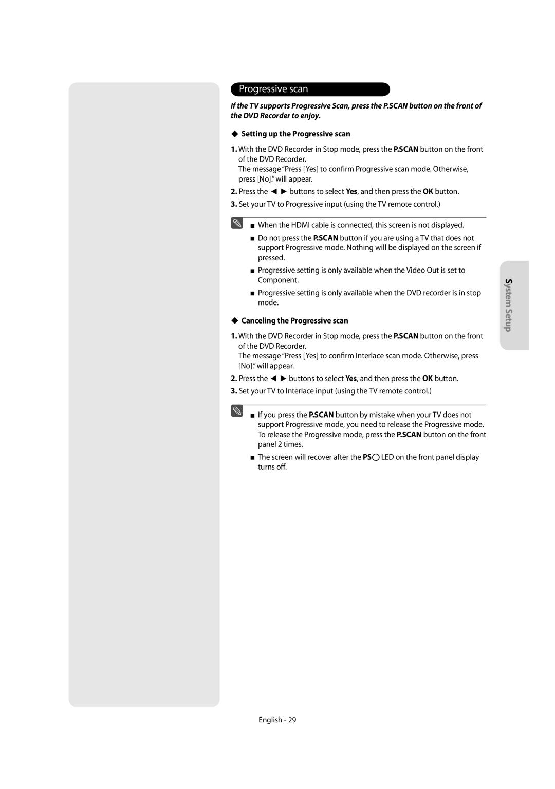 Samsung DVD-R155, DVD-R150 instruction manual Setting up the Progressive scan, Canceling the Progressive scan 