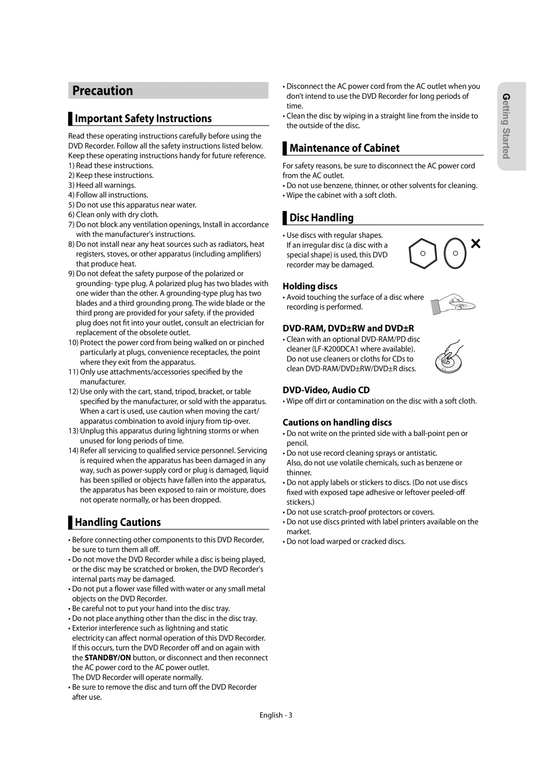 Samsung DVD-R155 Precaution, Important Safety Instructions, Handling Cautions, Maintenance of Cabinet, Disc Handling 