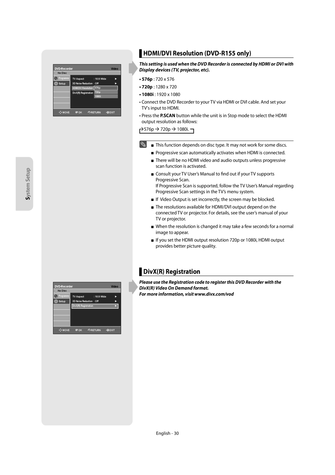 Samsung DVD-R150 instruction manual HDMI/DVI Resolution DVD-R155 only, DivXR Registration 