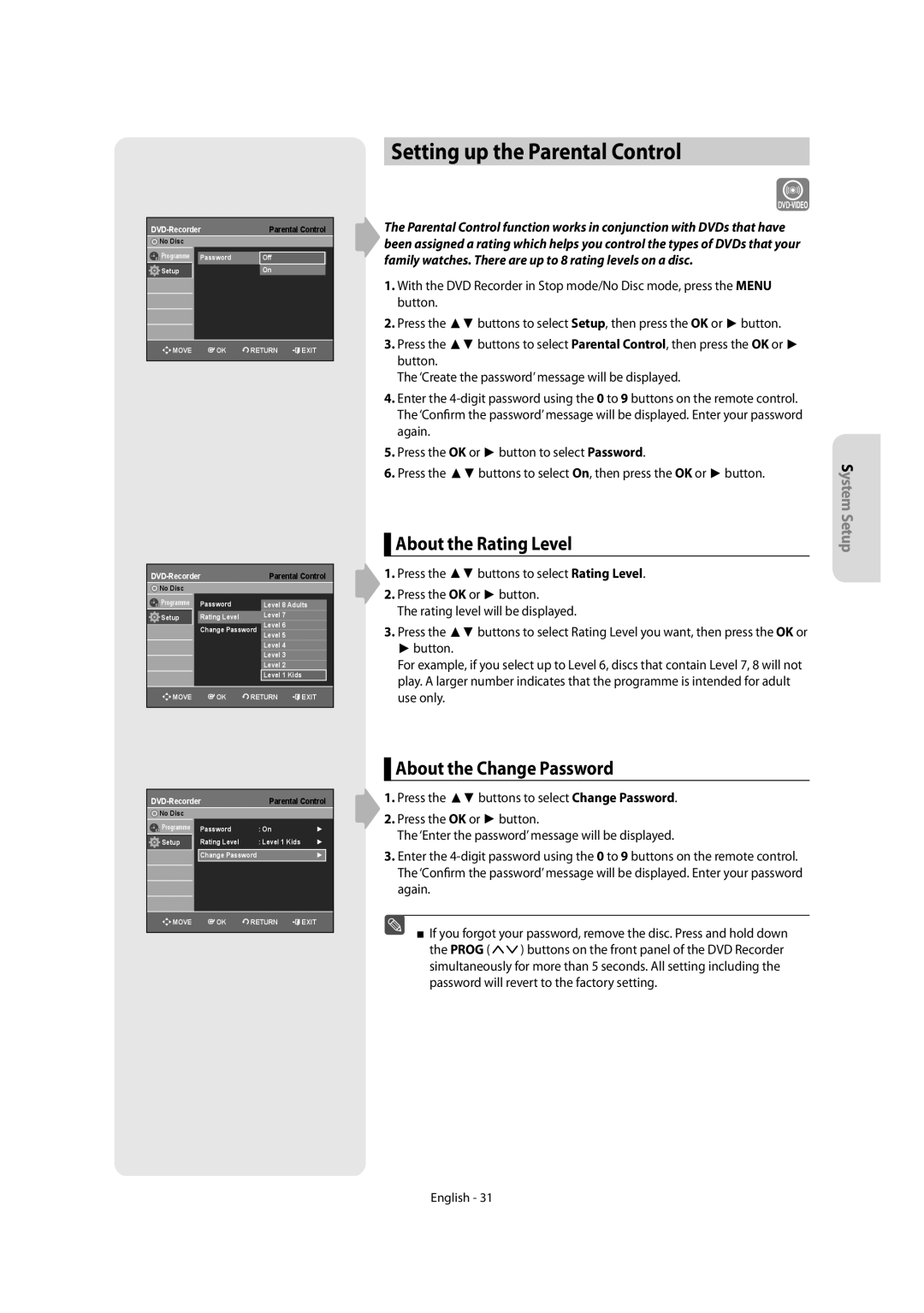 Samsung DVD-R155, DVD-R150 Setting up the Parental Control, About the Rating Level, About the Change Password 