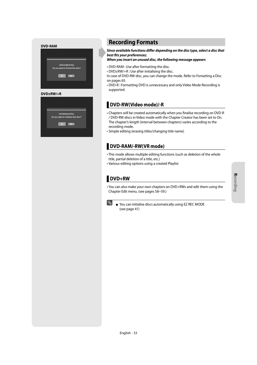 Samsung DVD-R155, DVD-R150 instruction manual Recording Formats, DVD-RWVideo mode/-R, DVD-RAM/-RWVR mode 