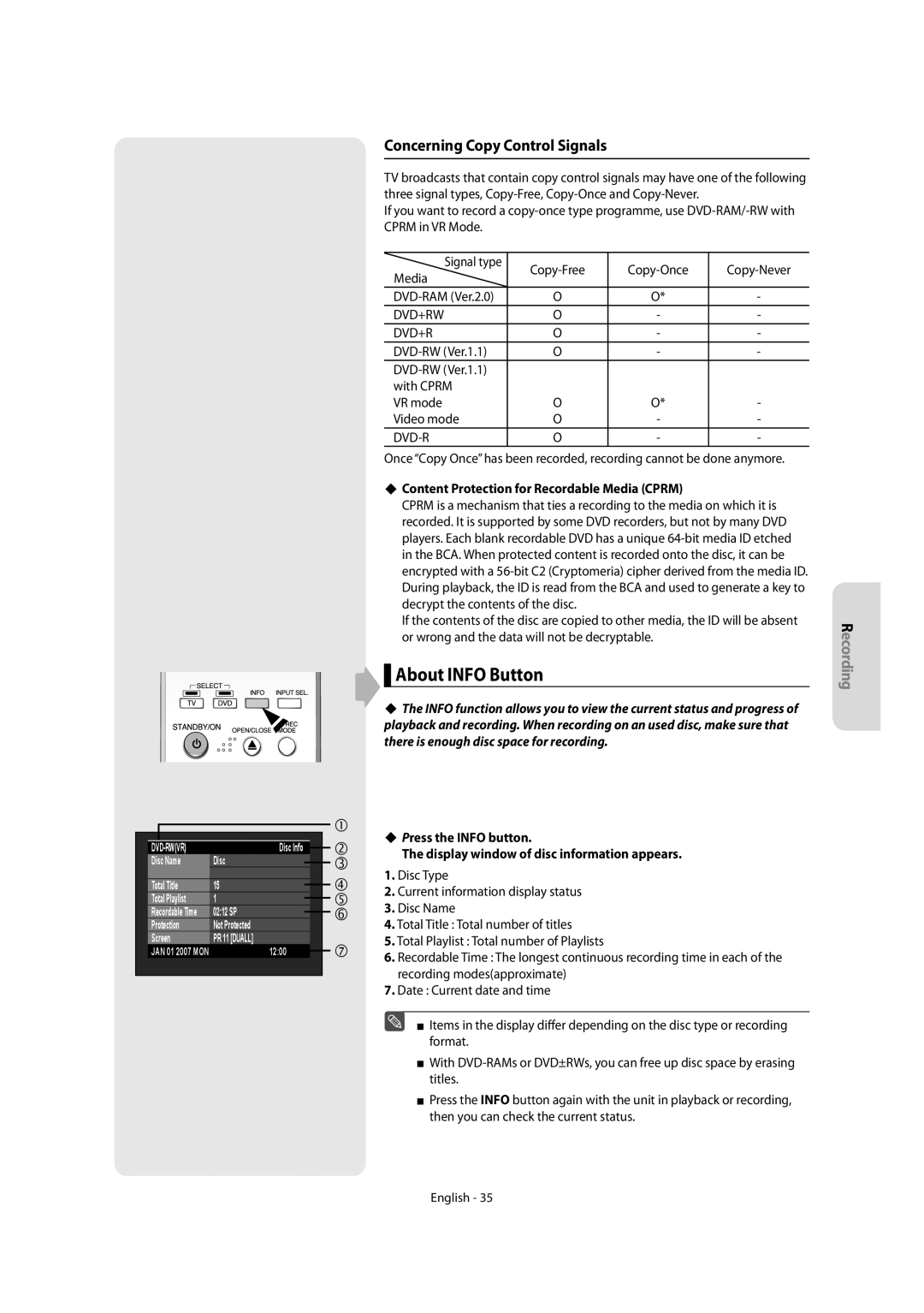 Samsung DVD-R155, DVD-R150 About Info Button, Concerning Copy Control Signals, Copy-Free Copy-Once Copy-Never Media 