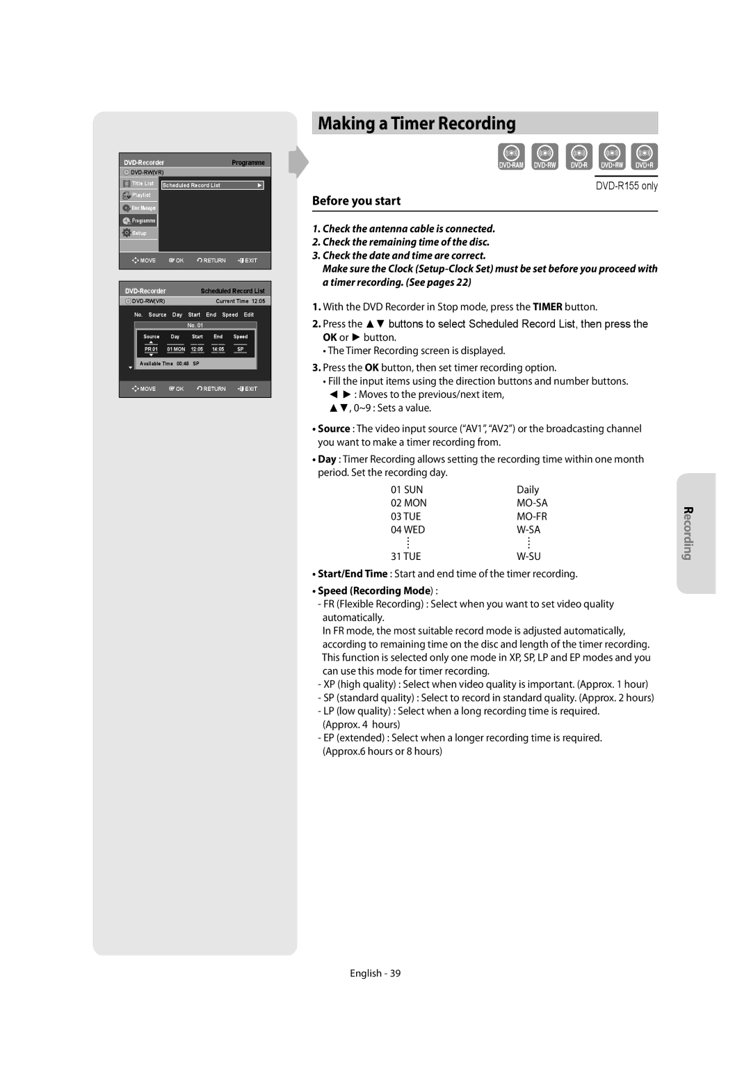 Samsung DVD-R155, DVD-R150 instruction manual Making a Timer Recording, 03 TUE, Speed Recording Mode 