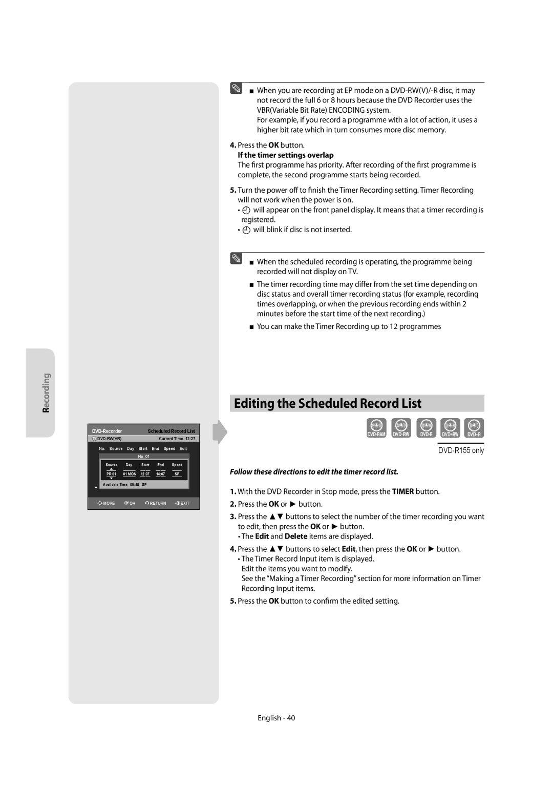 Samsung DVD-R150, DVD-R155 Editing the Scheduled Record List, Press the OK button, If the timer settings overlap 