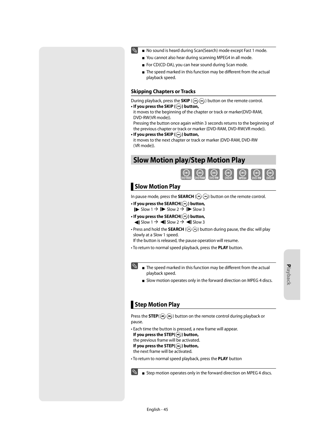 Samsung DVD-R155, DVD-R150 Slow Motion play/Step Motion Play, Skipping Chapters or Tracks, If you press the Skip button 