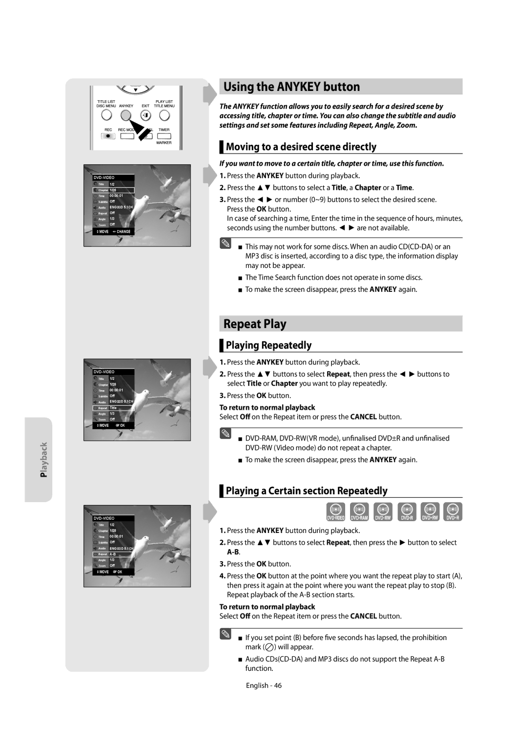 Samsung DVD-R150, DVD-R155 Using the Anykey button, Repeat Play, Moving to a desired scene directly, Playing Repeatedly 