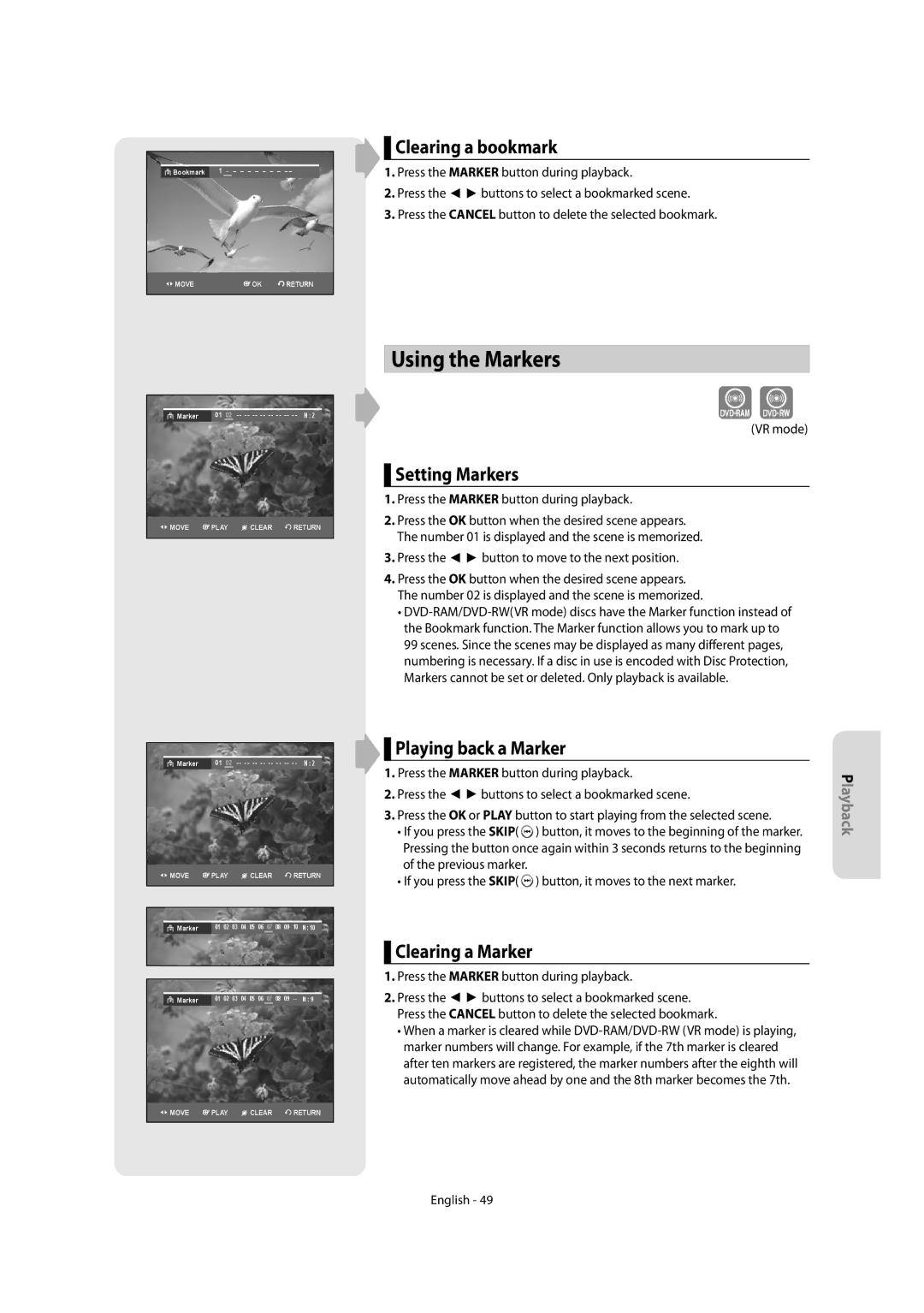 Samsung DVD-R155 Using the Markers, Clearing a bookmark, Setting Markers, Playing back a Marker, Clearing a Marker 