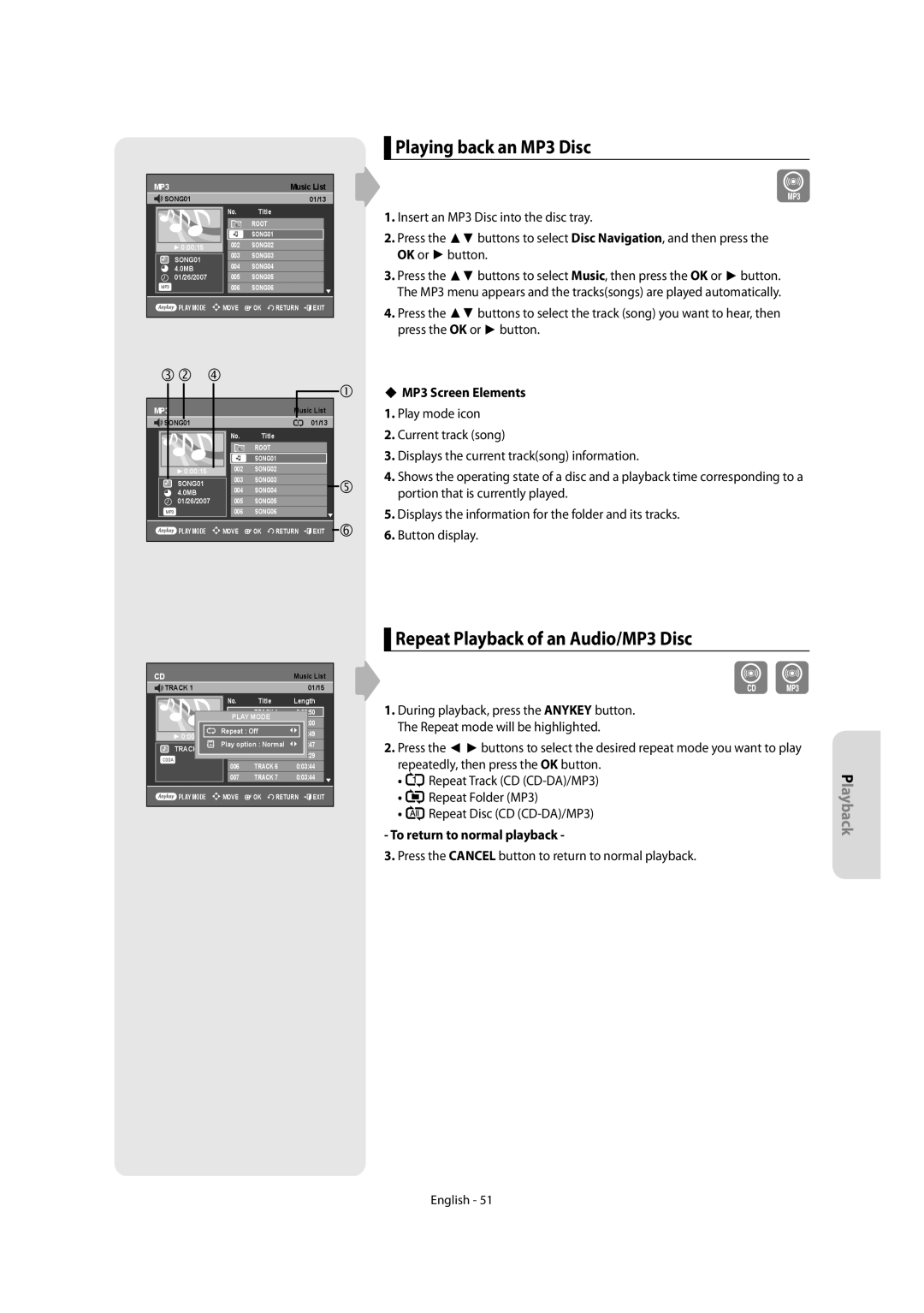 Samsung DVD-R155, DVD-R150 Playing back an MP3 Disc, Repeat Playback of an Audio/MP3 Disc, MP3 Screen Elements 