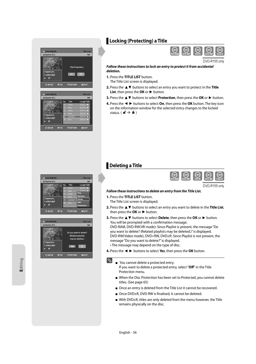 Samsung DVD-R150, DVD-R155 instruction manual Locking Protecting a Title, Deleting a Title, Status 