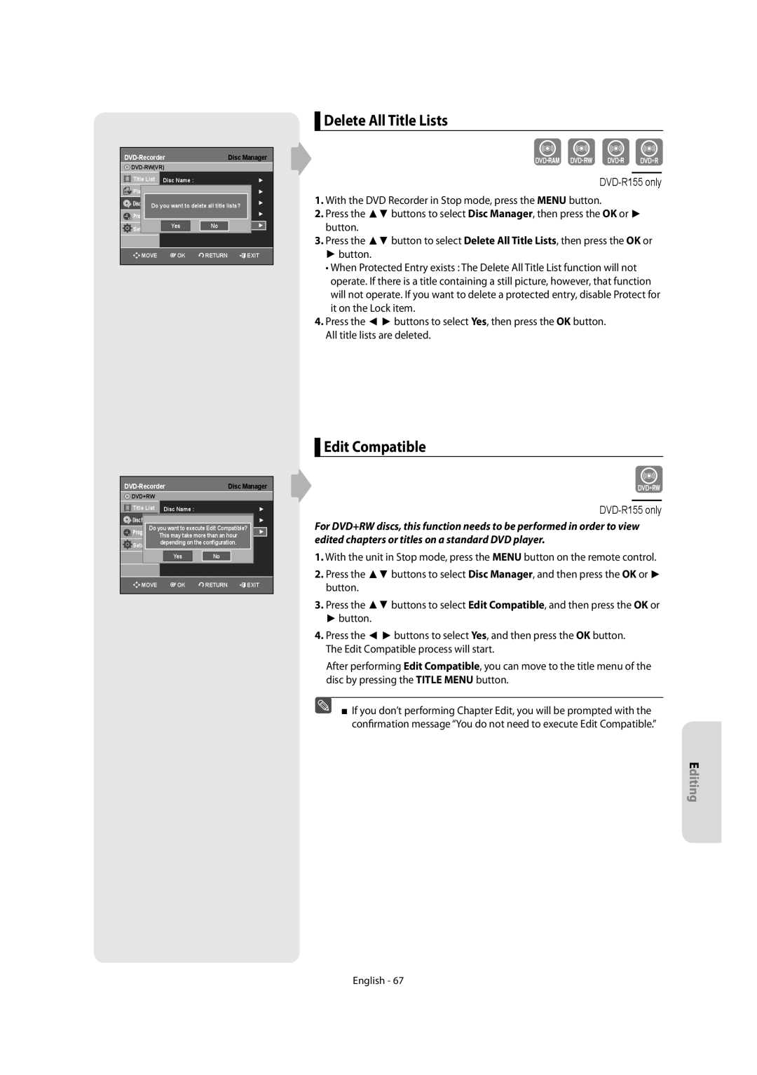 Samsung DVD-R155, DVD-R150 instruction manual Delete All Title Lists, Edit Compatible 