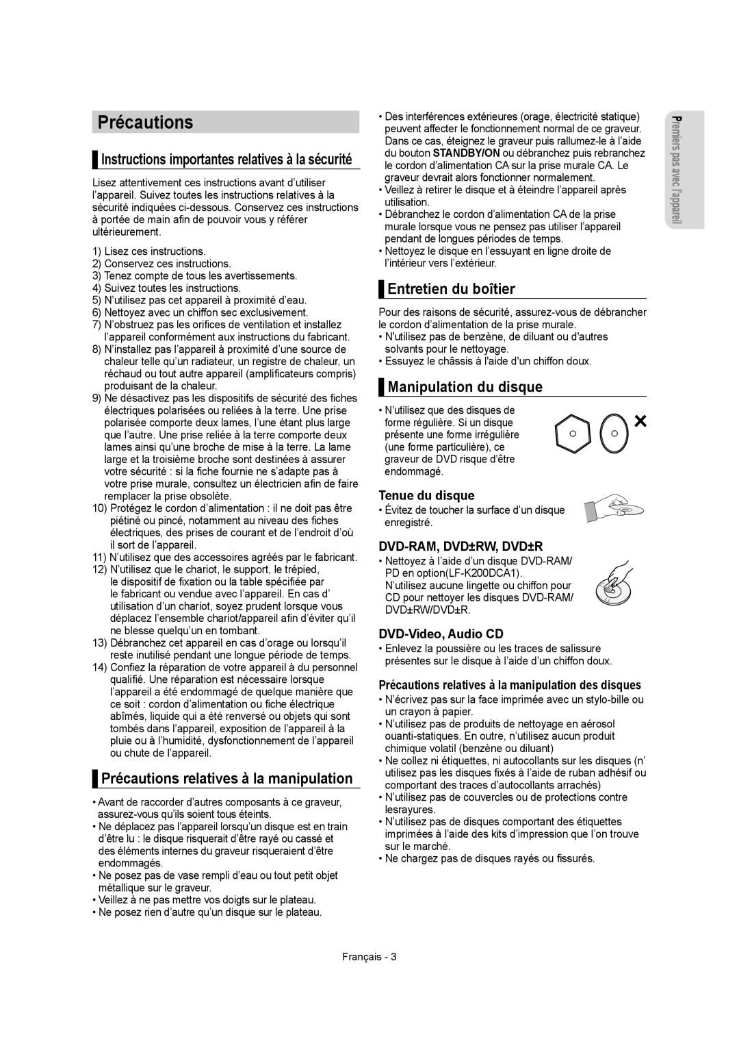 Samsung DVD-R155, DVD-R150 instruction manual Précautions, Entretien du boîtier, Manipulation du disque, Tenue du disque 